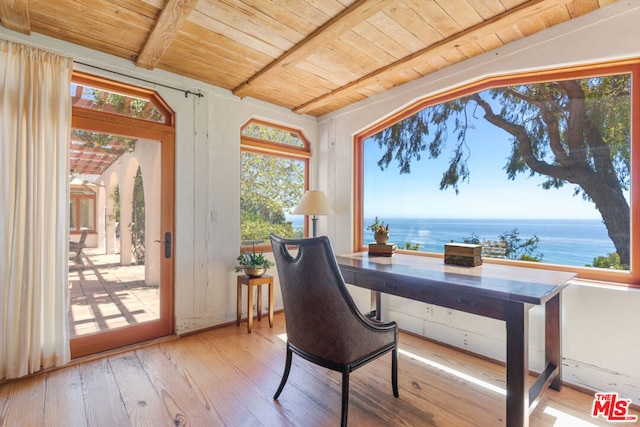 office with wood ceiling, hardwood / wood-style floors, a water view, and a wealth of natural light