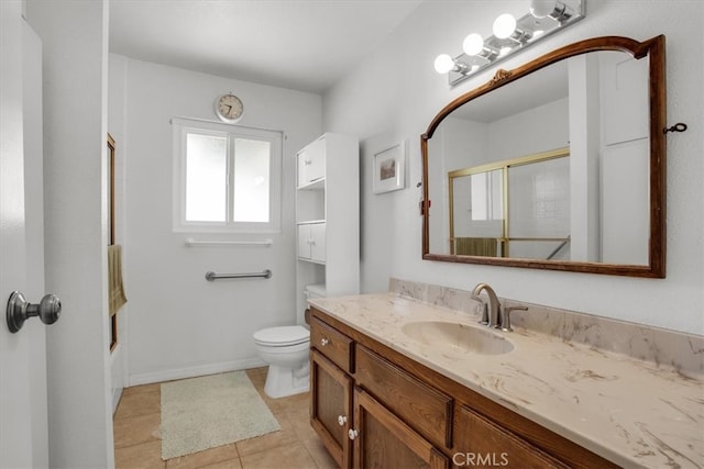 full bathroom featuring toilet, vanity, shower / bath combination with glass door, and tile patterned flooring