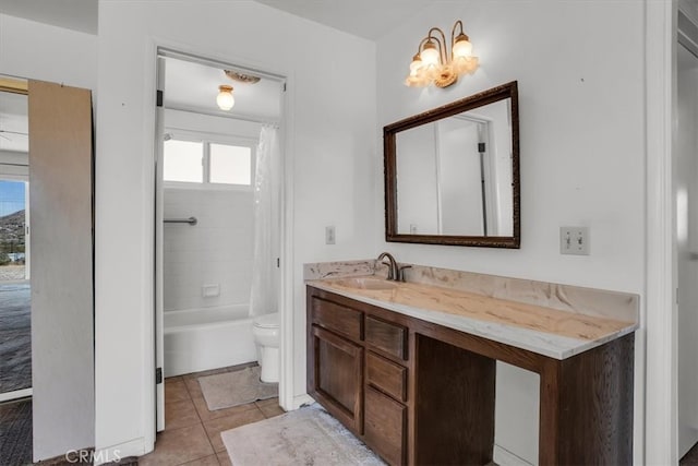 full bathroom featuring toilet, shower / tub combo with curtain, vanity, and tile patterned flooring