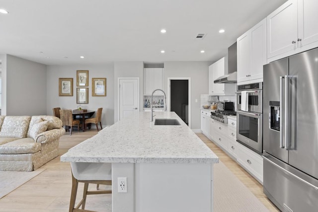 kitchen featuring white cabinets, stainless steel appliances, sink, a center island with sink, and a breakfast bar area