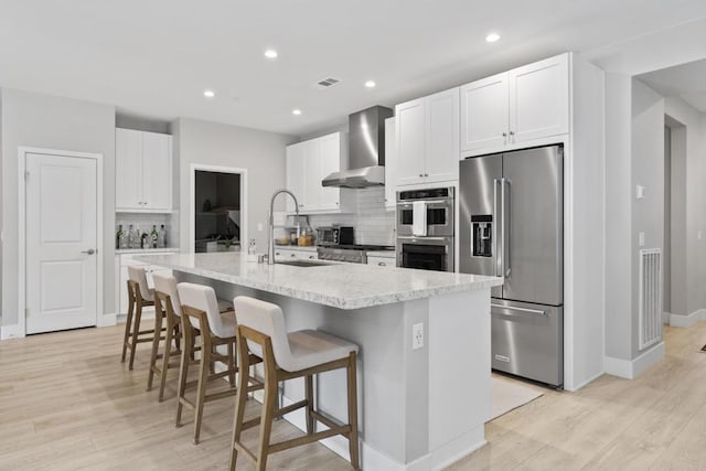 kitchen with tasteful backsplash, wall chimney exhaust hood, an island with sink, and stainless steel appliances