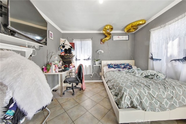 tiled bedroom featuring ornamental molding