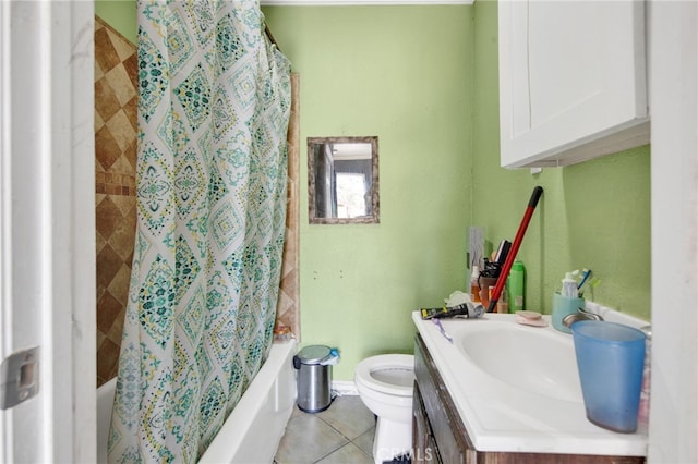 full bathroom with tile patterned floors, vanity, shower / tub combo, and toilet