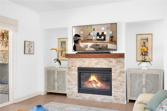 living room featuring wood-type flooring and a stone fireplace