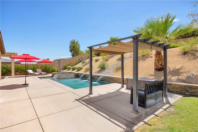 view of swimming pool featuring pool water feature, an in ground hot tub, a patio, and a pergola