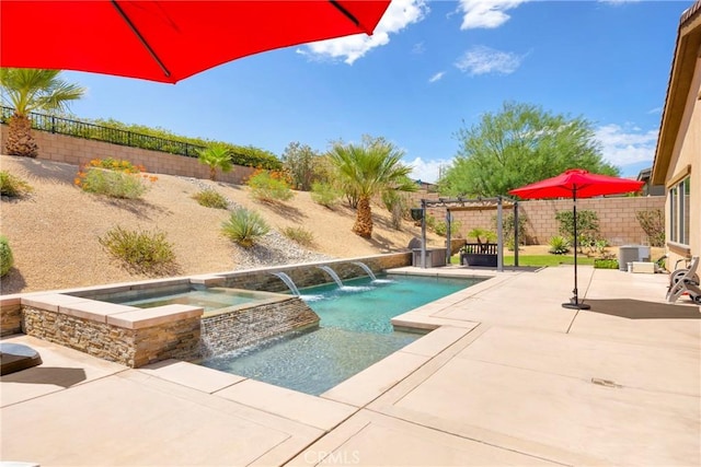 view of pool with an in ground hot tub, a pergola, pool water feature, a patio area, and cooling unit