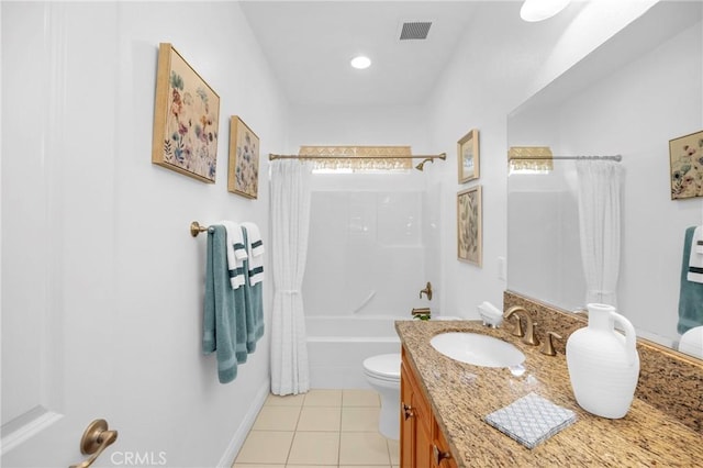 full bathroom featuring toilet, shower / bath combination with curtain, tile patterned floors, and vanity