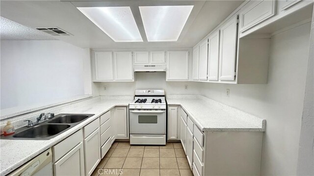 kitchen with white cabinets, custom exhaust hood, light tile patterned floors, sink, and white appliances