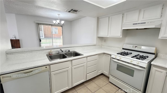 kitchen featuring light tile patterned floors, sink, white appliances, custom range hood, and a notable chandelier