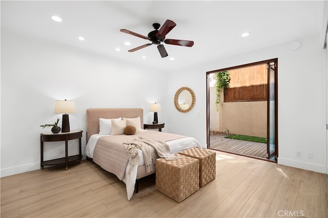 bedroom with access to outside, light hardwood / wood-style floors, and ceiling fan