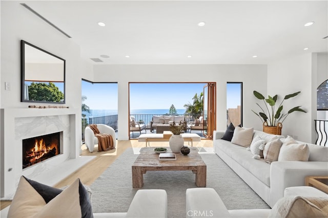 living room featuring a healthy amount of sunlight, a water view, a fireplace, and light hardwood / wood-style flooring