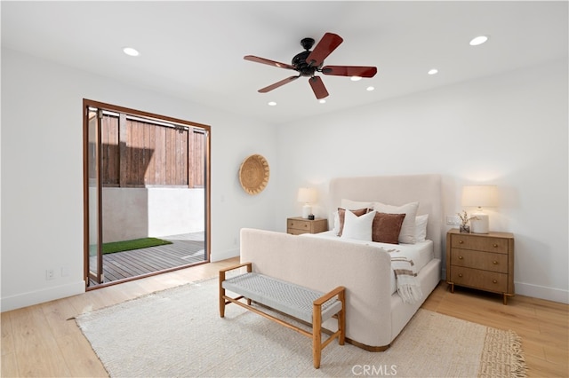 bedroom with ceiling fan, light wood-type flooring, and access to exterior