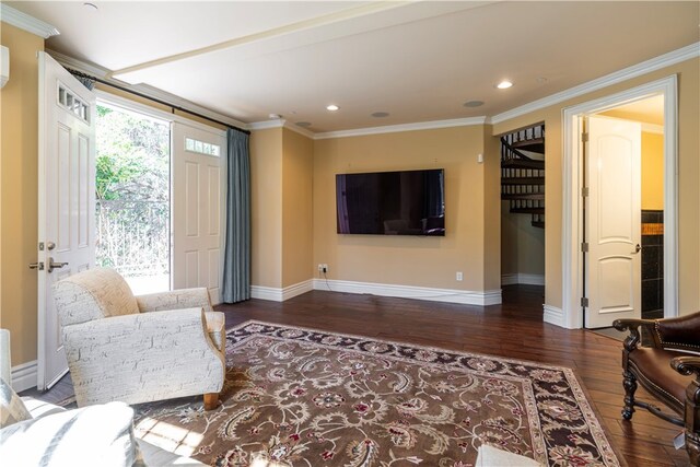805 W Road Ln, Habra Heights, CA 90631 - living area with hardwood / wood-style flooring, recessed lighting, baseboards, and crown molding