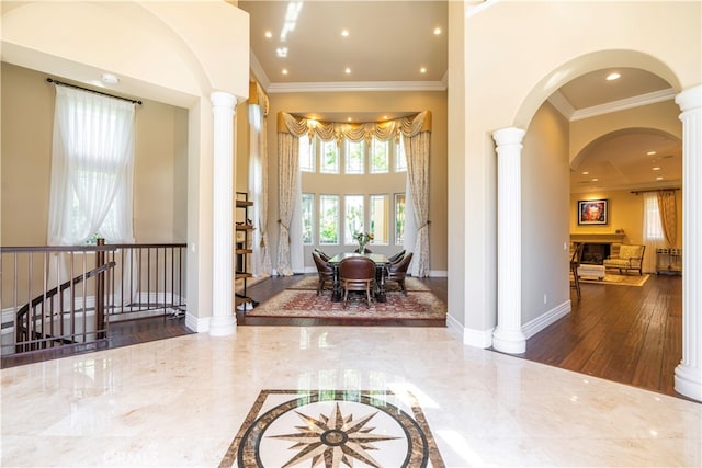 805 W Road Ln, Habra Heights, CA 90631 - entryway featuring decorative columns, recessed lighting, ornamental molding, baseboards, and arched walkways