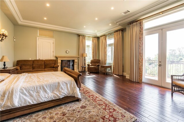 805 W Road Ln, Habra Heights, CA 90631 - bedroom featuring access to outside, french doors, crown molding, hardwood / wood-style floors, and a fireplace