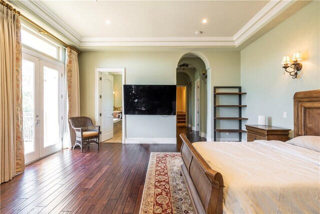 805 W Road Ln, Habra Heights, CA 90631 - bedroom featuring french doors, ornamental molding, multiple windows, dark wood-style floors, and access to exterior