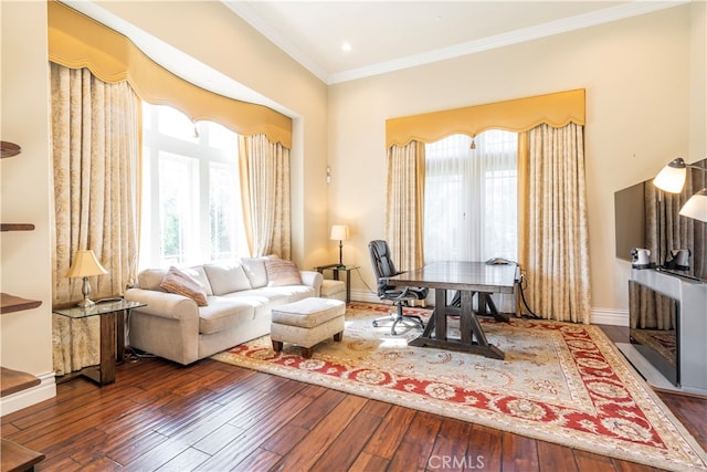 office area with crown molding and dark hardwood / wood-style flooring