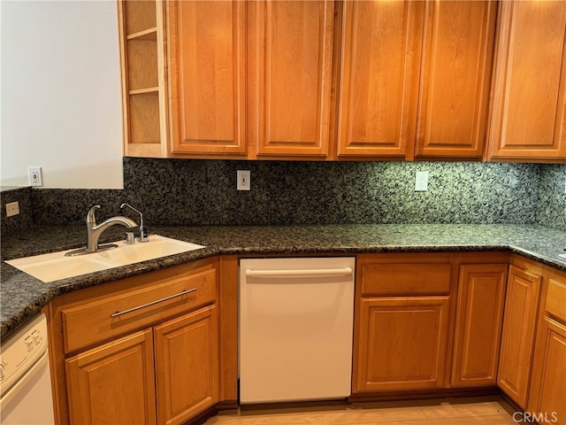 kitchen featuring dark stone counters, stainless steel dishwasher, backsplash, and sink