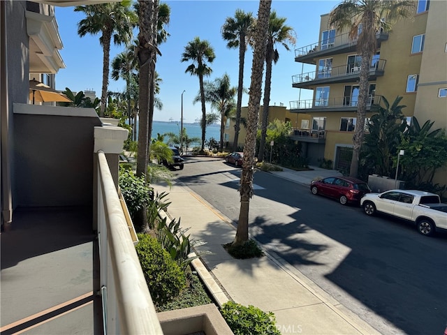 view of street featuring a water view