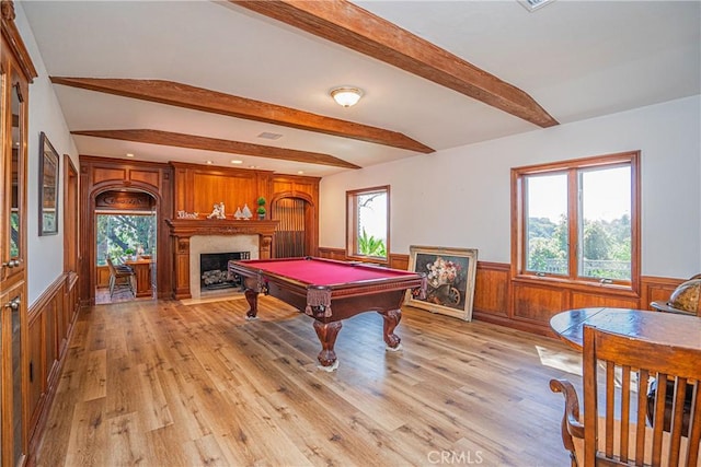 playroom featuring vaulted ceiling with beams, plenty of natural light, pool table, and light hardwood / wood-style flooring