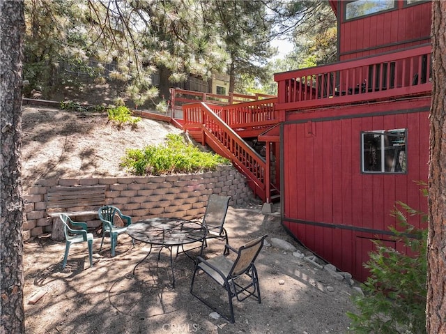 30897 Glen Oak Dr, Running Springs, CA 92382 - view of patio / terrace featuring stairs and a wooden deck
