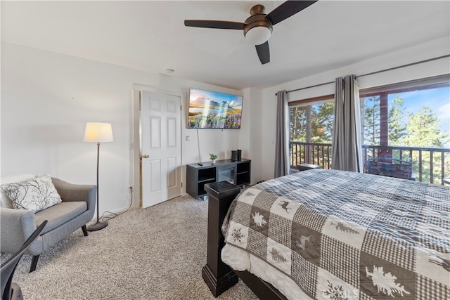 bedroom featuring carpet, ceiling fan, and access to exterior