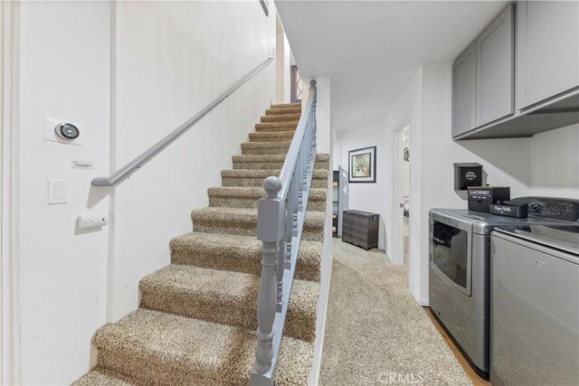 30897 Glen Oak Dr, Running Springs, CA 92382 - stairs with washing machine and dryer and carpet floors