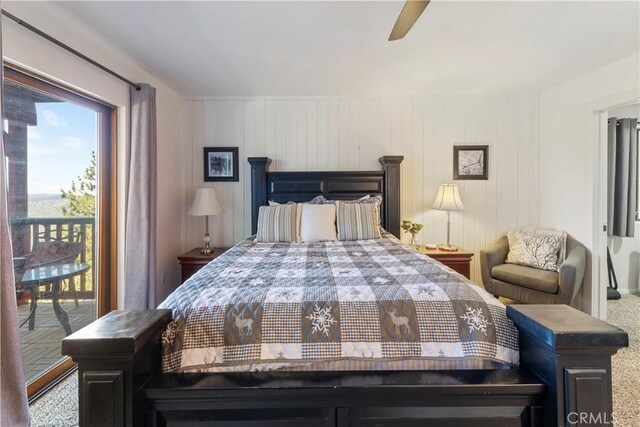 30897 Glen Oak Dr, Running Springs, CA 92382 - carpeted bedroom with access to outside and ceiling fan