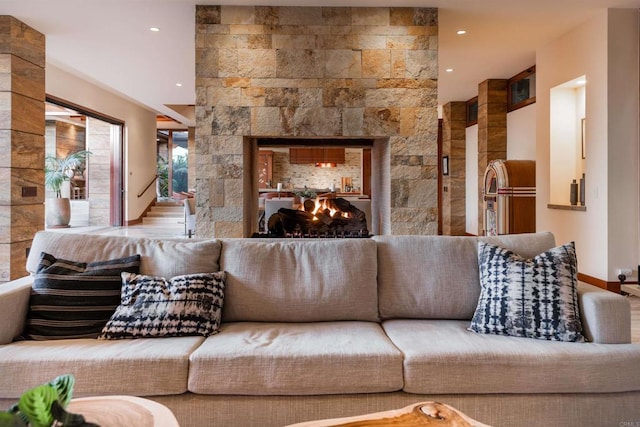 living room with a fireplace