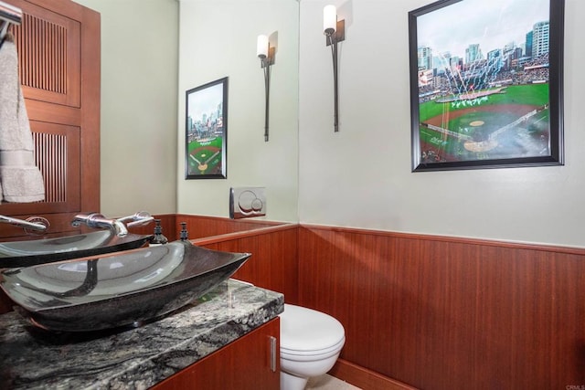 bathroom featuring vanity, toilet, and wood walls