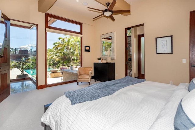 bedroom featuring multiple windows, carpet floors, access to exterior, and ceiling fan