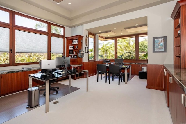 carpeted home office featuring a tray ceiling