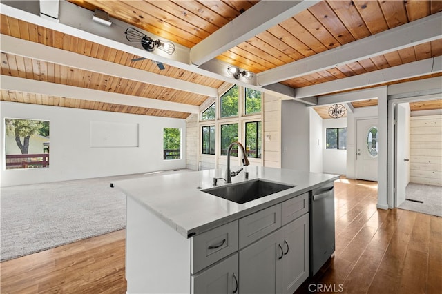 kitchen featuring light wood-type flooring, dishwasher, a kitchen island with sink, and sink