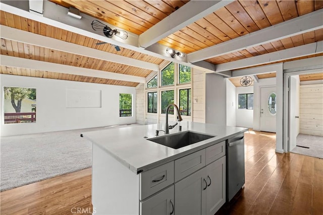 kitchen featuring wood finished floors, a sink, dishwasher, and open floor plan