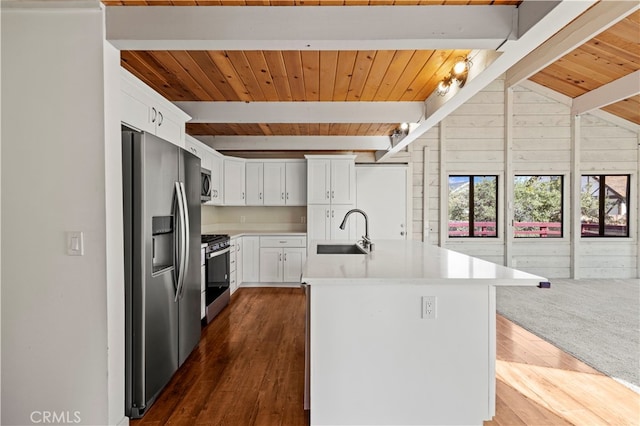 kitchen with white cabinetry, an island with sink, stainless steel appliances, dark hardwood / wood-style floors, and sink