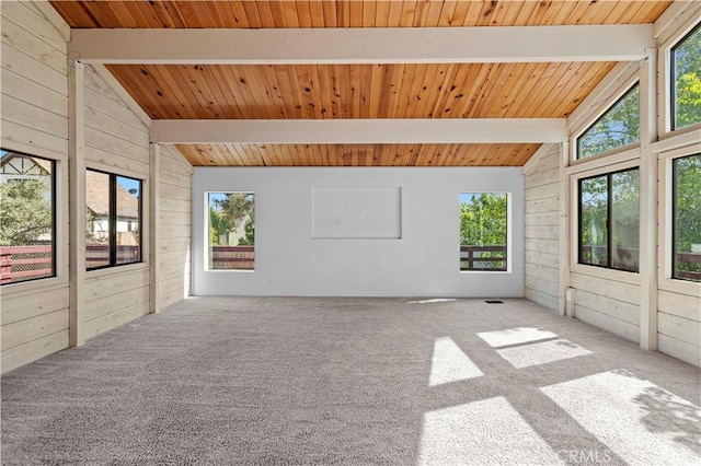 unfurnished room featuring wooden walls, vaulted ceiling with beams, and a healthy amount of sunlight