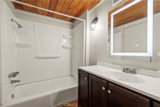 bathroom with vanity, wood ceiling, and bathtub / shower combination