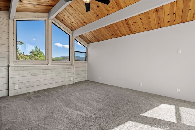 empty room featuring lofted ceiling with beams, wooden ceiling, ceiling fan, carpet, and wooden walls