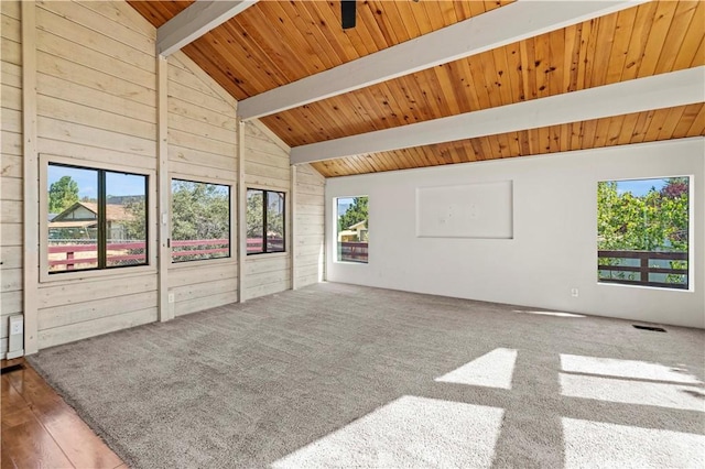 empty room featuring lofted ceiling with beams, wood walls, wooden ceiling, and a healthy amount of sunlight