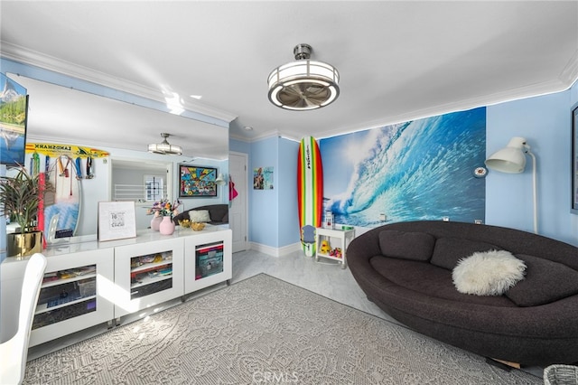 living room with crown molding and ceiling fan