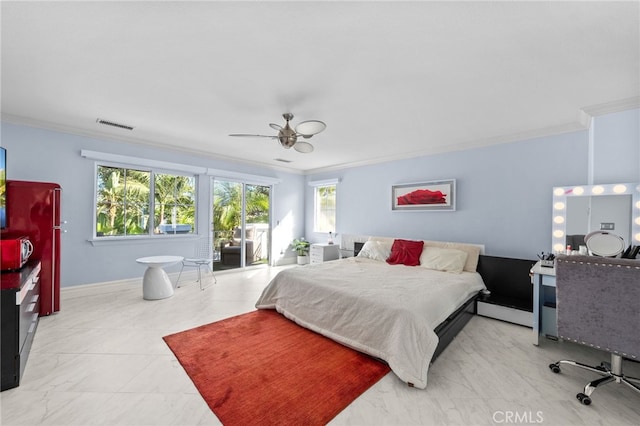 bedroom with ceiling fan, ornamental molding, and multiple windows