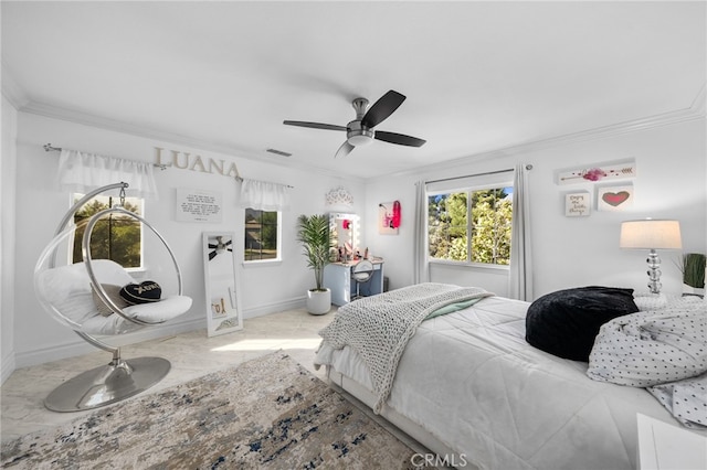 bedroom with crown molding and ceiling fan