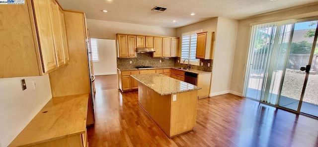 kitchen featuring light stone countertops, light hardwood / wood-style flooring, a kitchen island, and a wealth of natural light