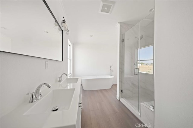 bathroom featuring shower with separate bathtub, wood-type flooring, and sink