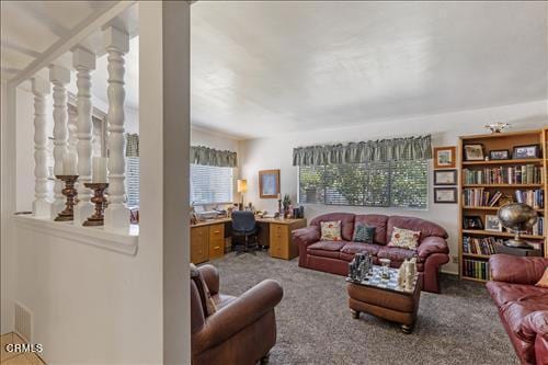 living room featuring carpet floors and built in desk