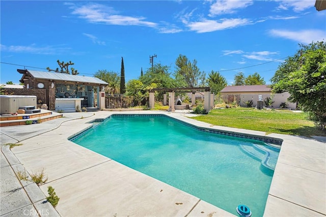 view of pool featuring a fenced in pool, a patio, a jacuzzi, and a pergola