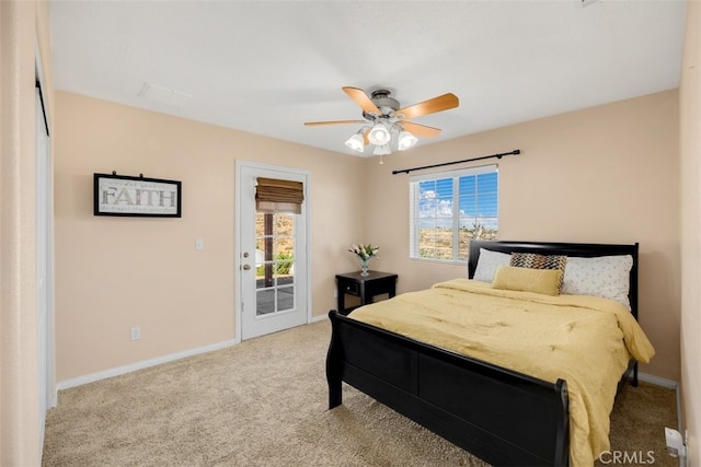 bedroom with light carpet, access to outside, and ceiling fan