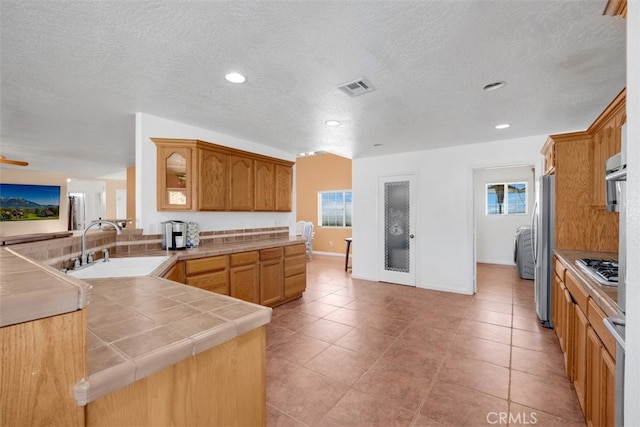 kitchen featuring kitchen peninsula, appliances with stainless steel finishes, plenty of natural light, and sink