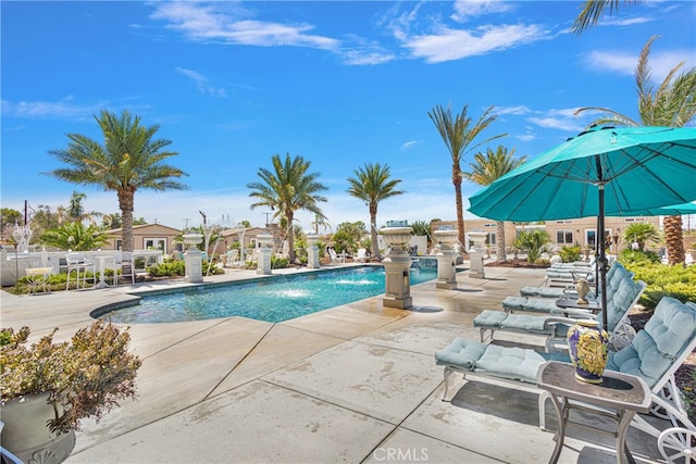 view of swimming pool with pool water feature and a patio