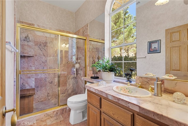 bathroom with a shower with door, vanity, and toilet